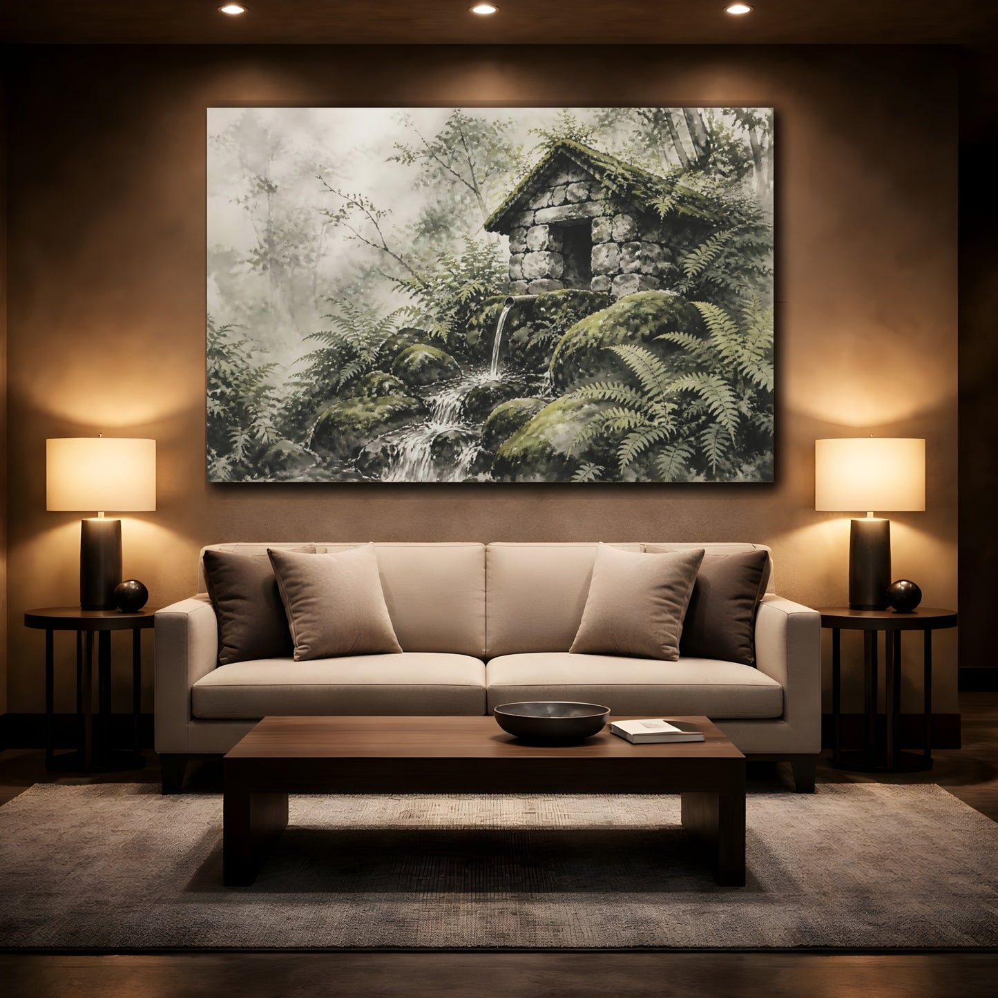 Mockup 2. Mossy Springhouse Among Ferns shown as canvas print