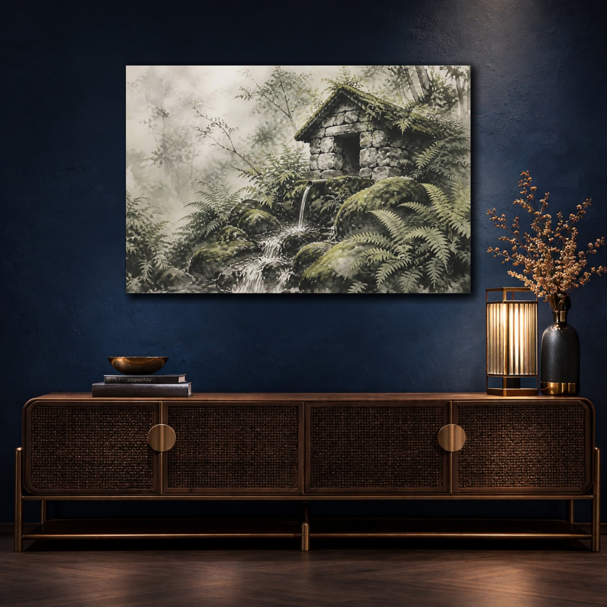 Mockup 4. Mossy Springhouse Among Ferns shown as canvas print