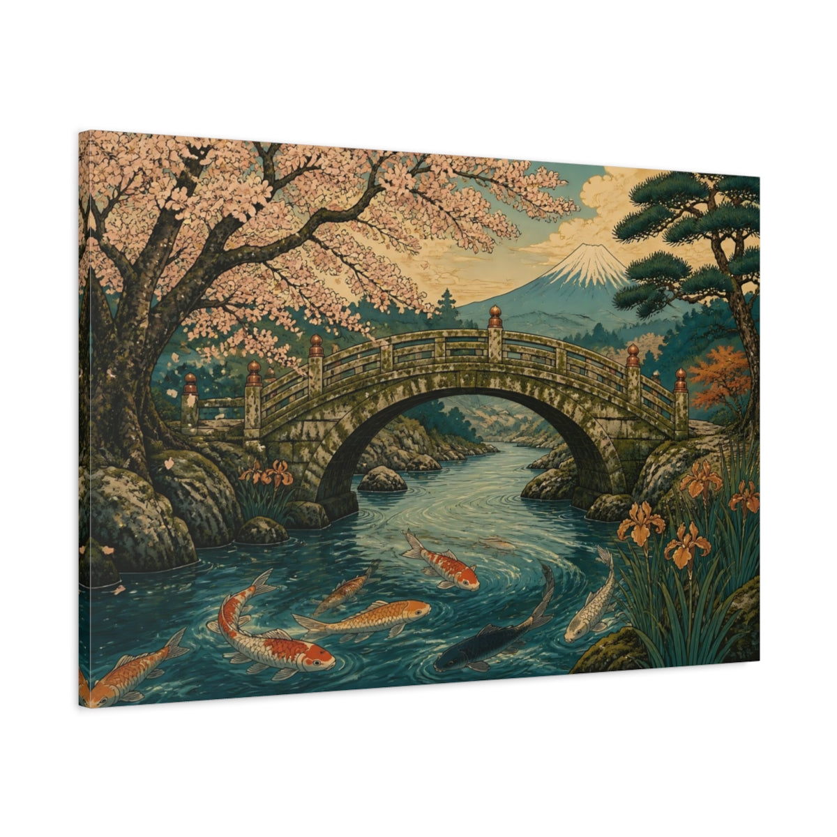 Main Mockup. Mossy Stone Bridge With Koi shown as canvas print