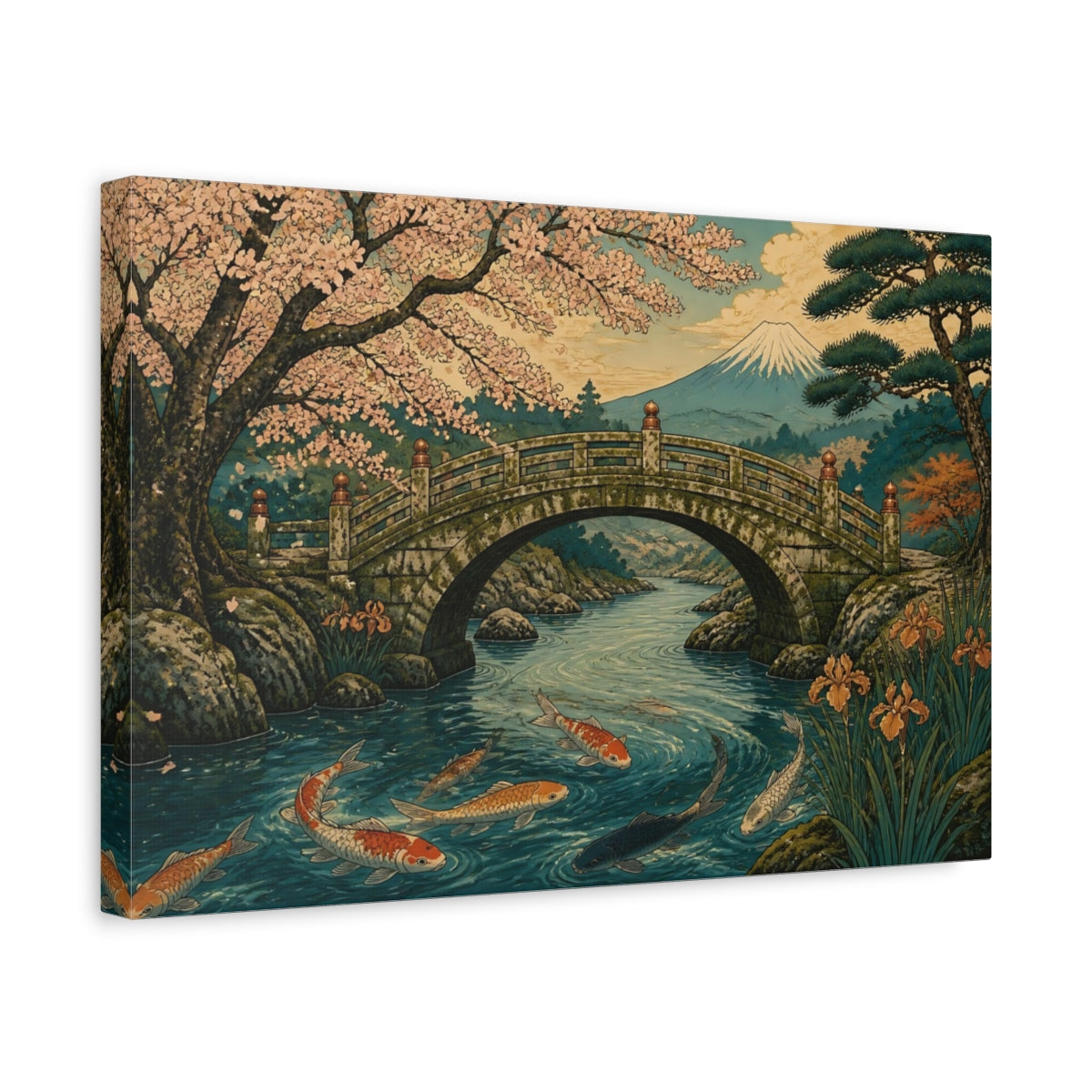Side Mockup 4. Mossy Stone Bridge With Koi shown as canvas print
