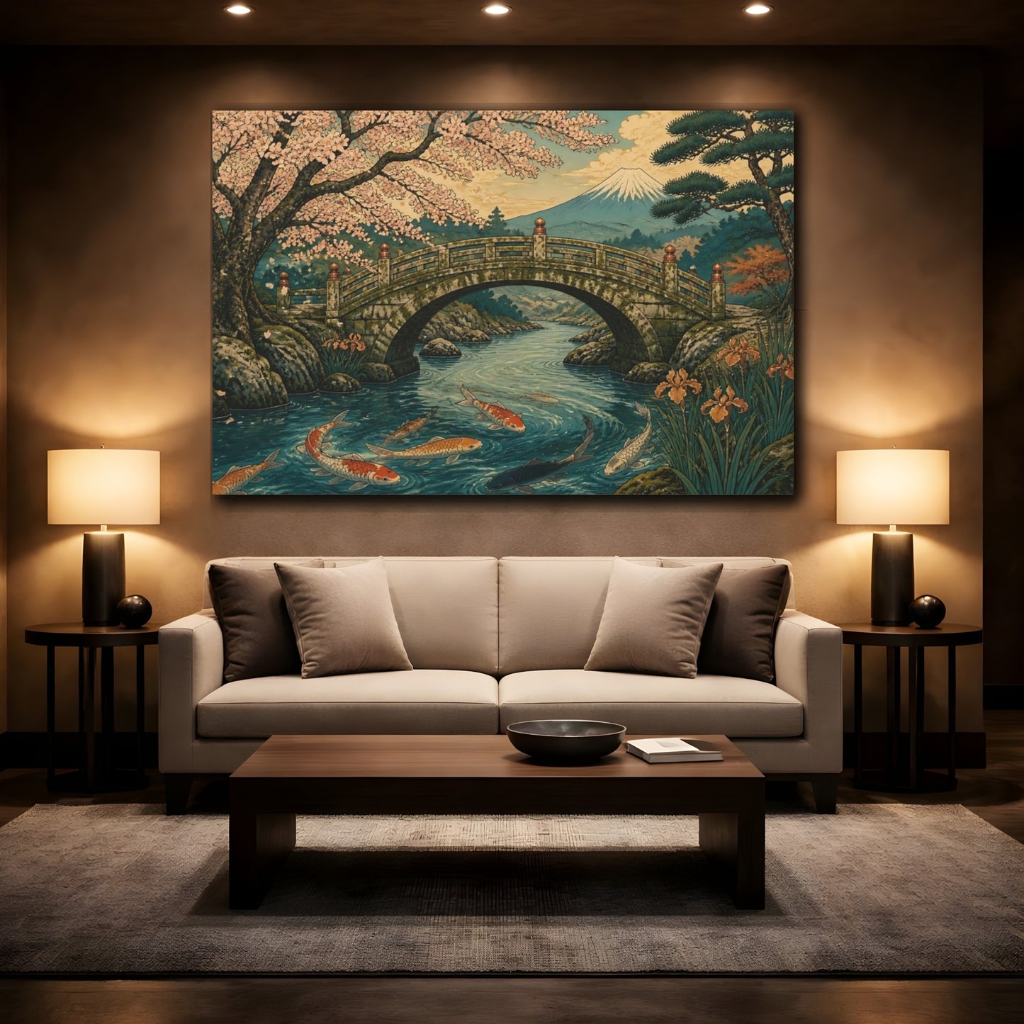 Mockup 2. Mossy Stone Bridge With Koi shown as canvas print