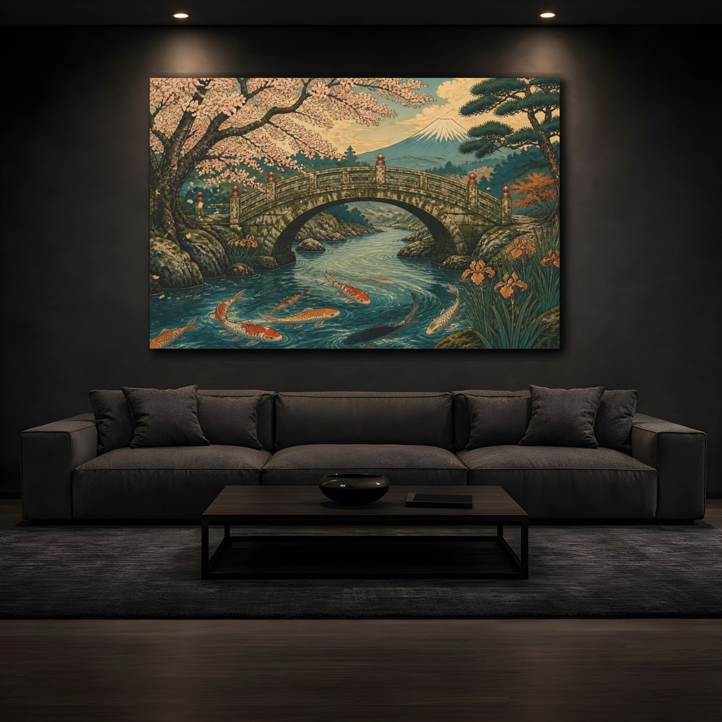 Mockup 3. Mossy Stone Bridge With Koi shown as canvas print