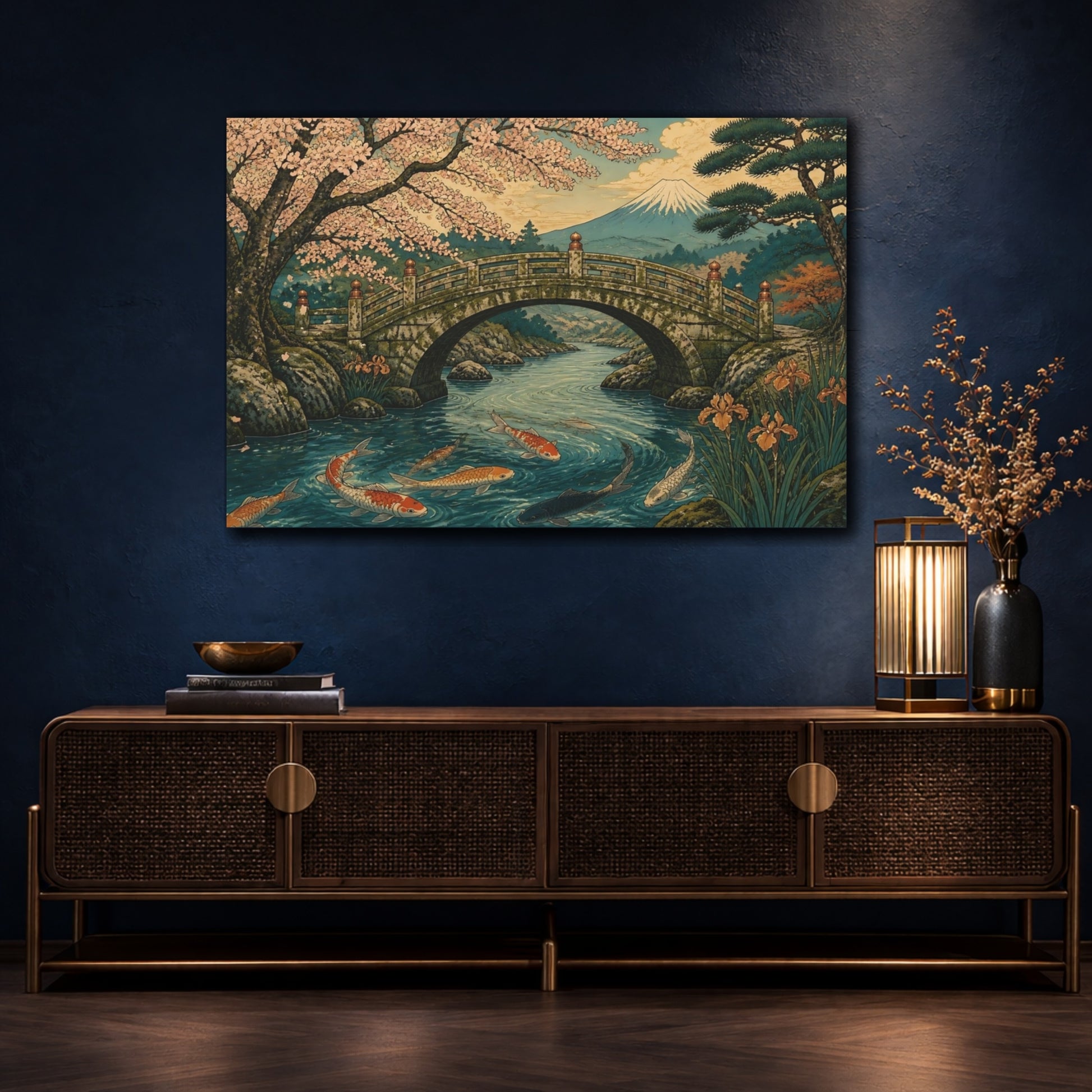 Mockup 4. Mossy Stone Bridge With Koi shown as canvas print