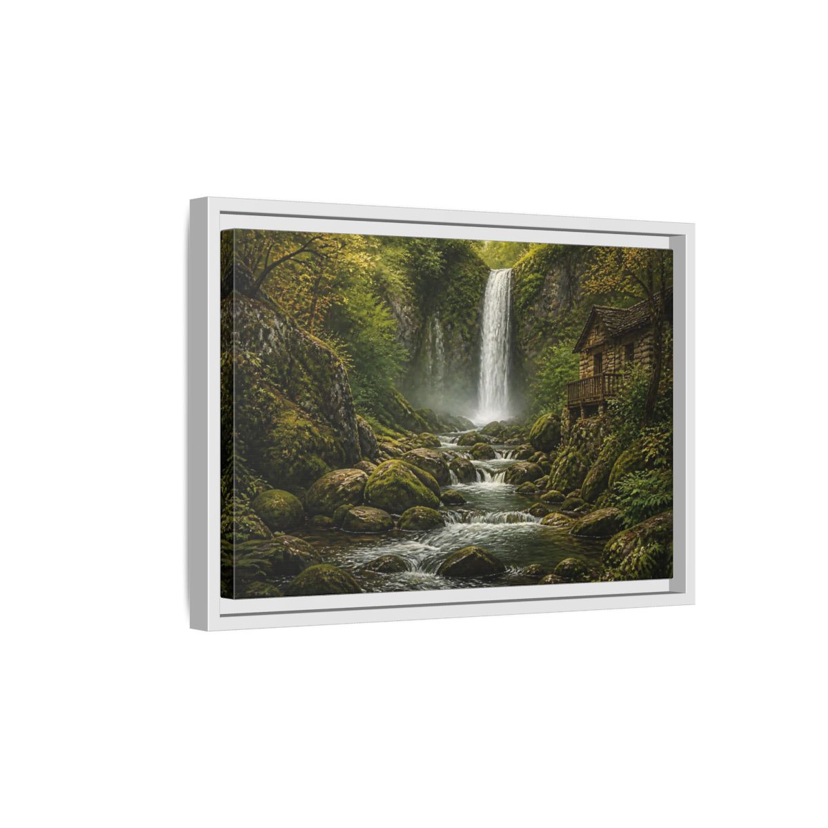 Side Mockup 4. Mossy Waterfall Cabin shown as framed canvas print