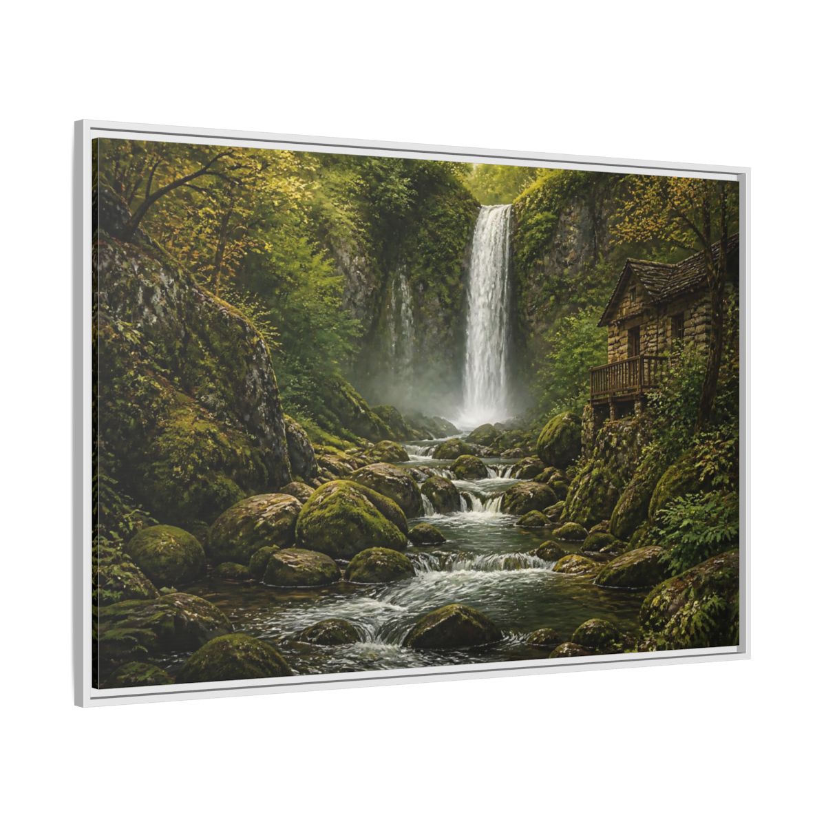 Side Mockup 7. Mossy Waterfall Cabin shown as framed canvas print