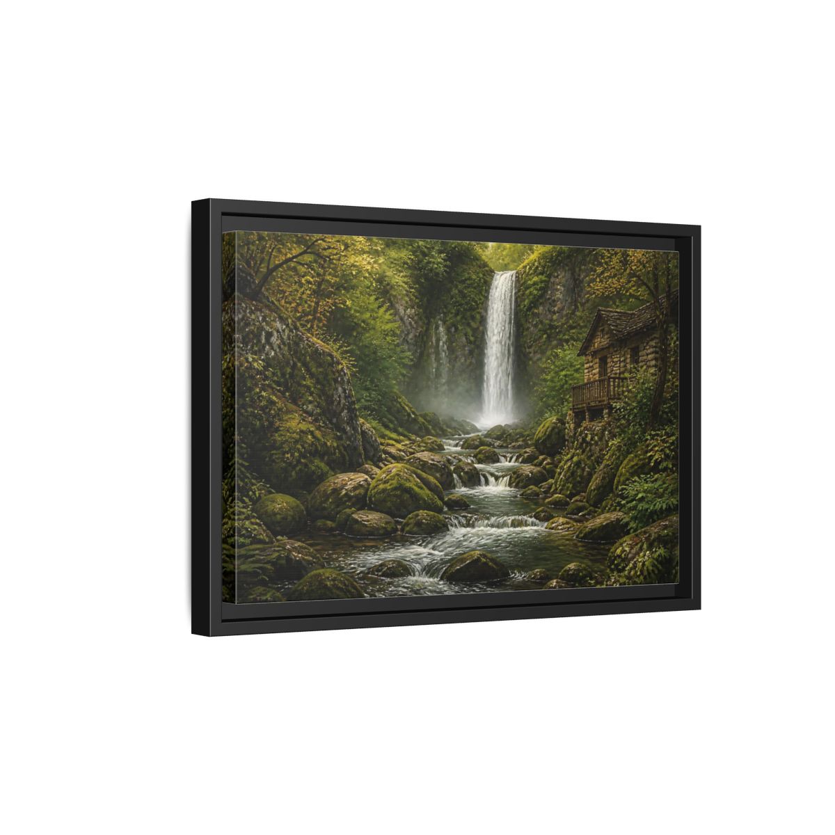 Side Mockup 6. Mossy Waterfall Cabin shown as framed canvas print
