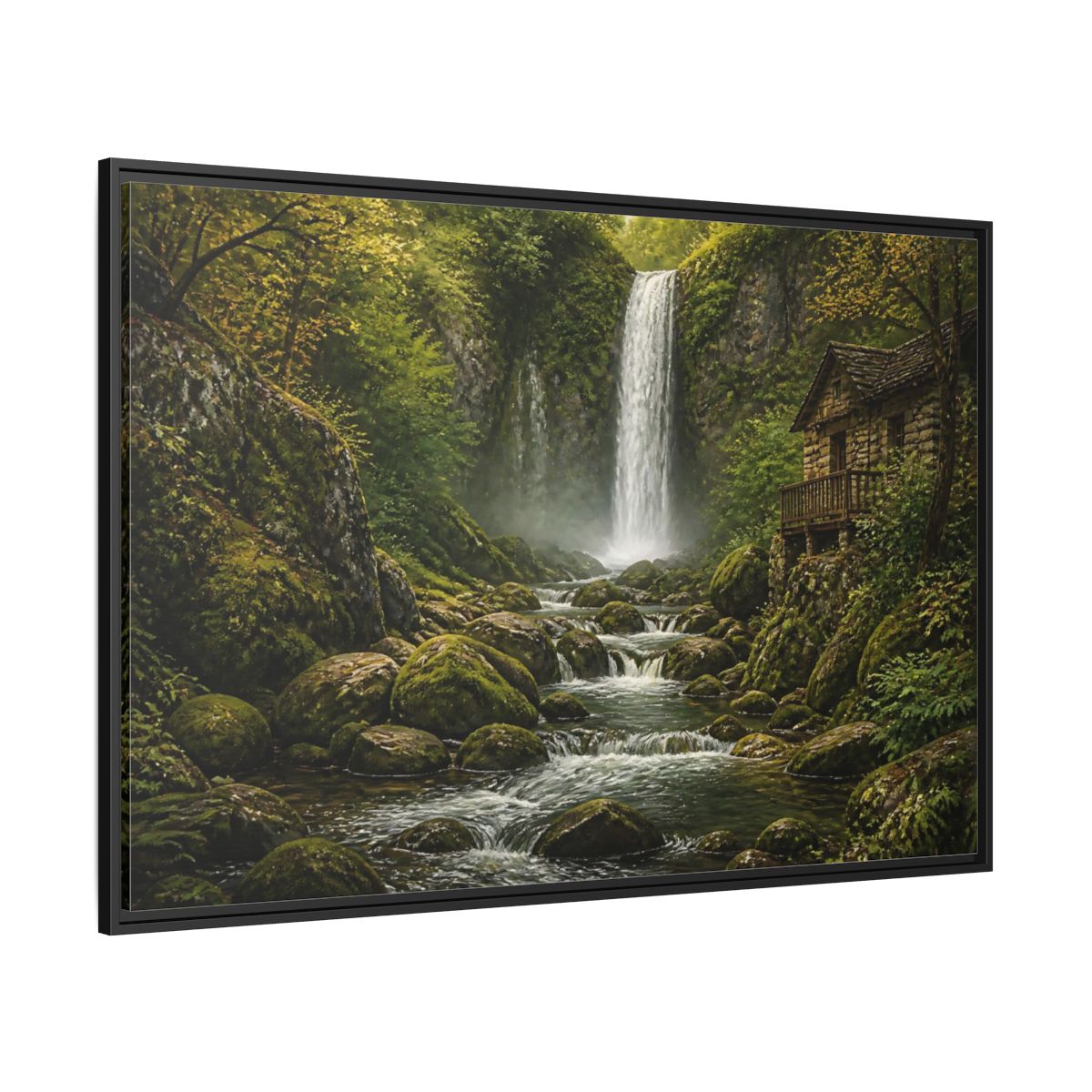 Side Mockup 12. Mossy Waterfall Cabin shown as framed canvas print