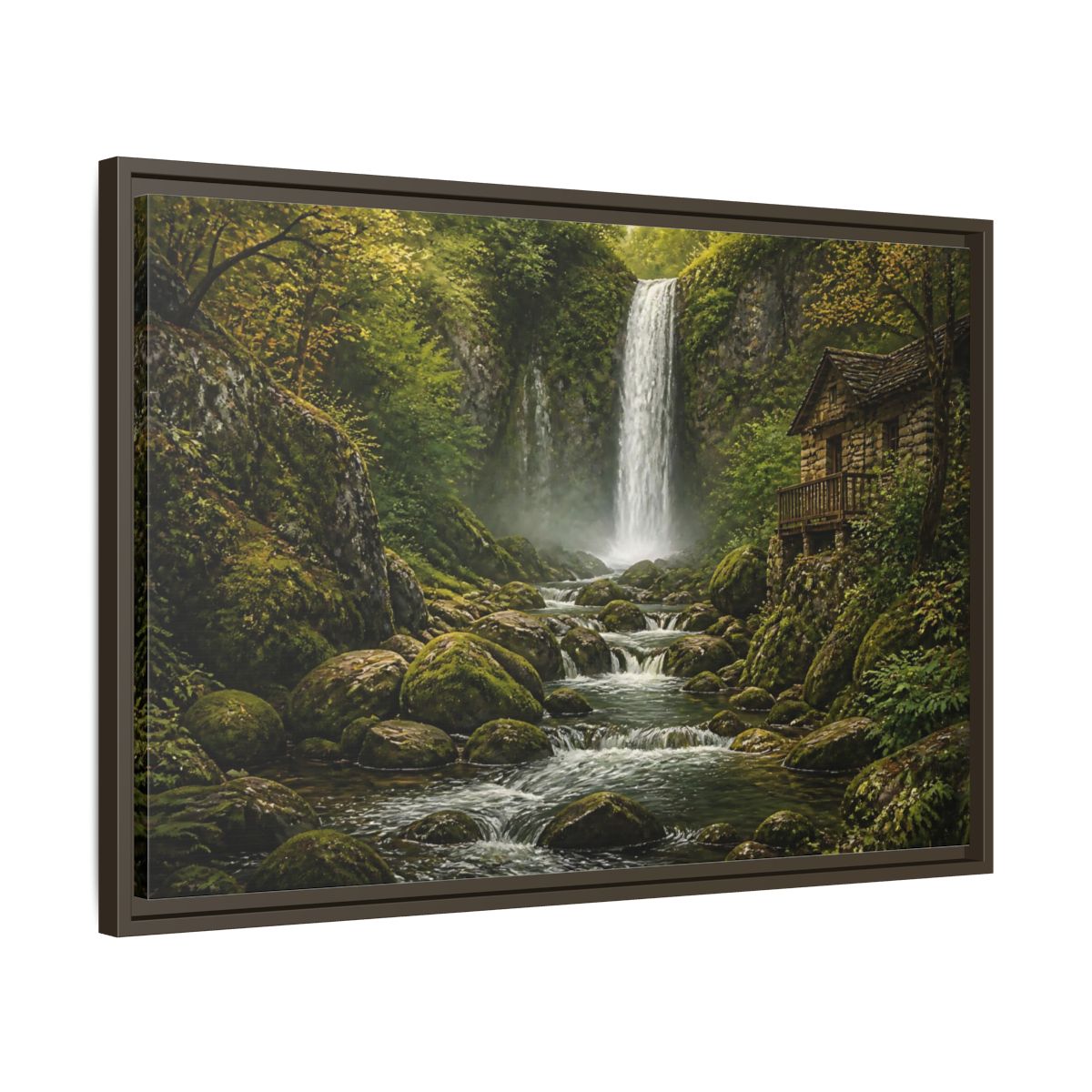 Side Mockup 11. Mossy Waterfall Cabin shown as framed canvas print