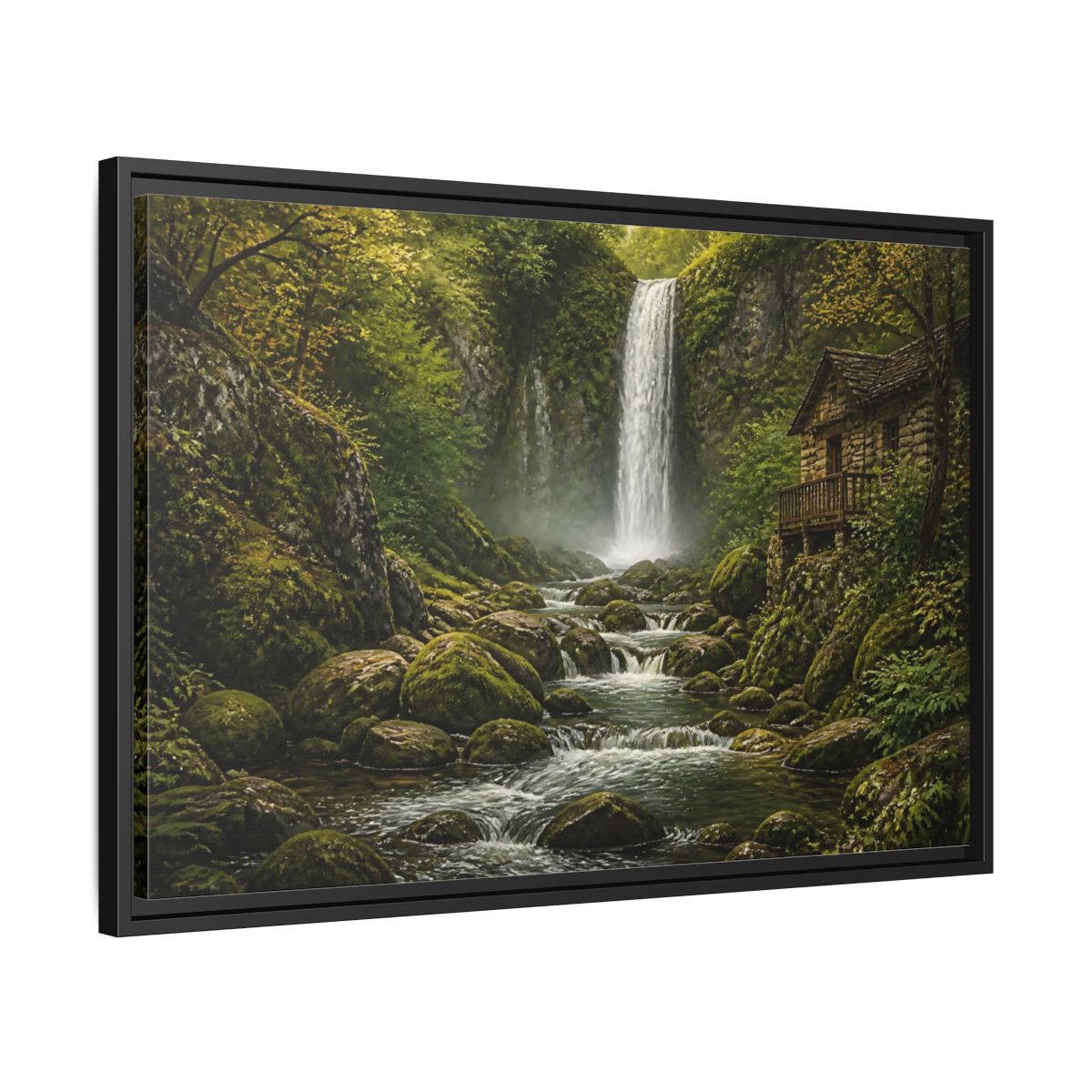 Side Mockup 14. Mossy Waterfall Cabin shown as framed canvas print