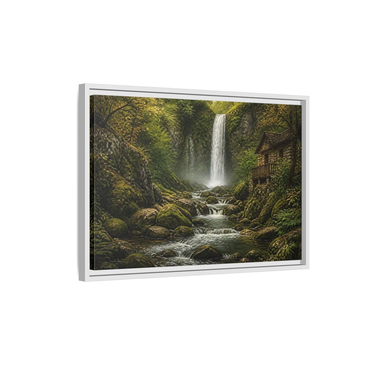 Side Mockup 1. Mossy Waterfall Cabin shown as framed canvas print