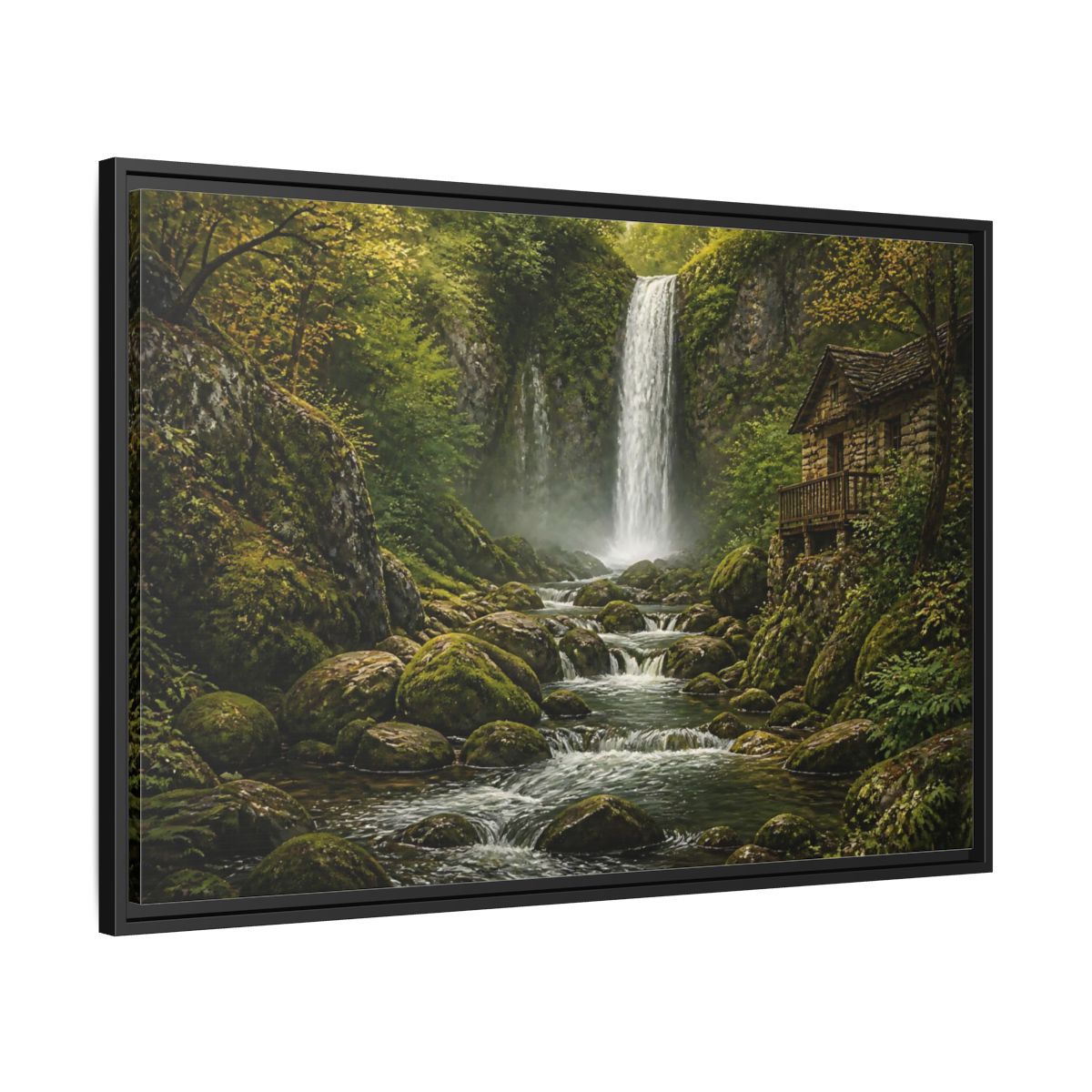 Side Mockup 13. Mossy Waterfall Cabin shown as framed canvas print