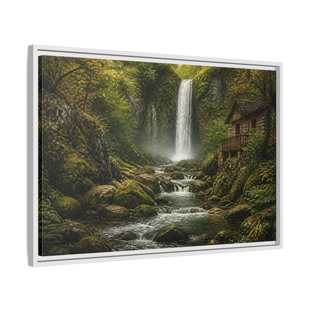 Side Mockup 10. Mossy Waterfall Cabin shown as framed canvas print
