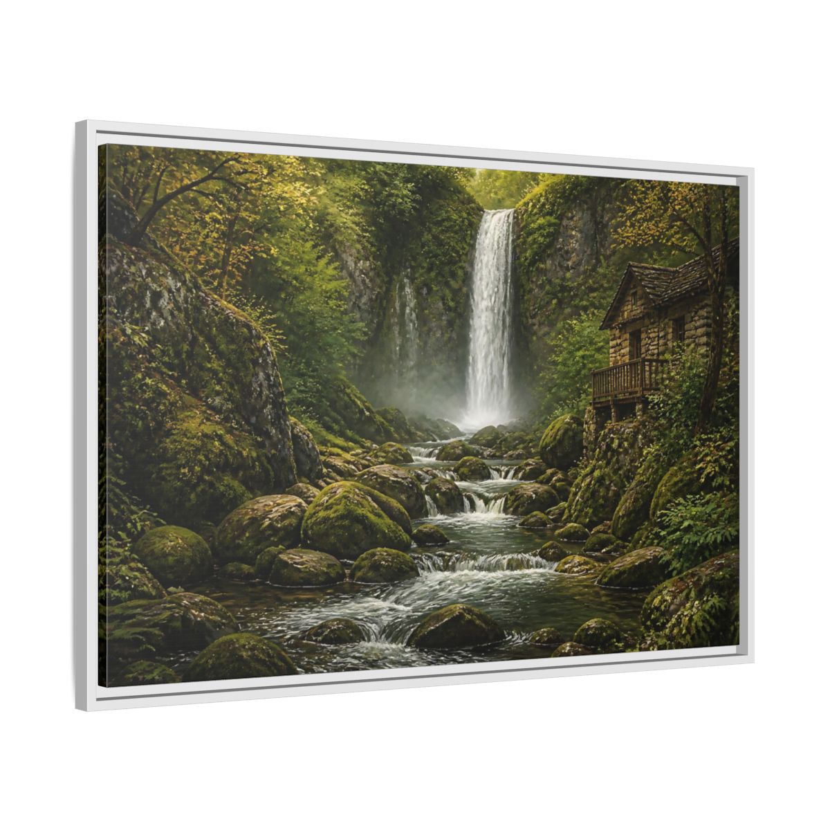 Side Mockup 9. Mossy Waterfall Cabin shown as framed canvas print