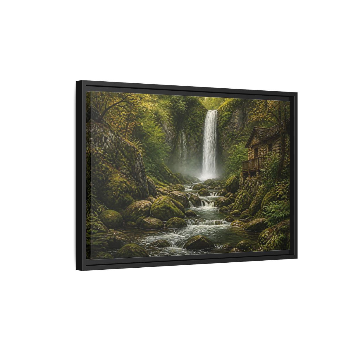 Side Mockup 3. Mossy Waterfall Cabin shown as framed canvas print