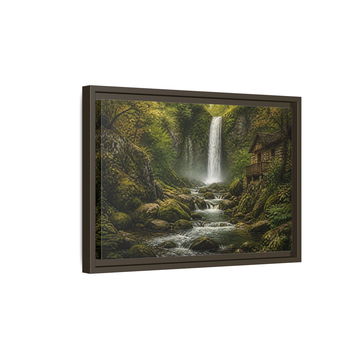 Side Mockup 5. Mossy Waterfall Cabin shown as framed canvas print