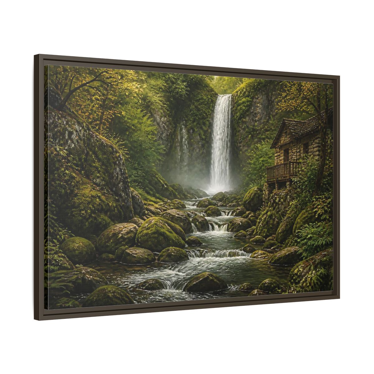 Main Mockup. Mossy Waterfall Cabin shown as framed canvas print