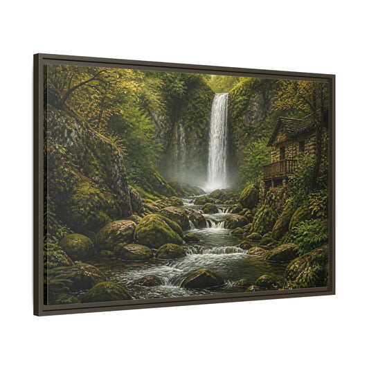 Main Mockup. Mossy Waterfall Cabin shown as framed canvas print