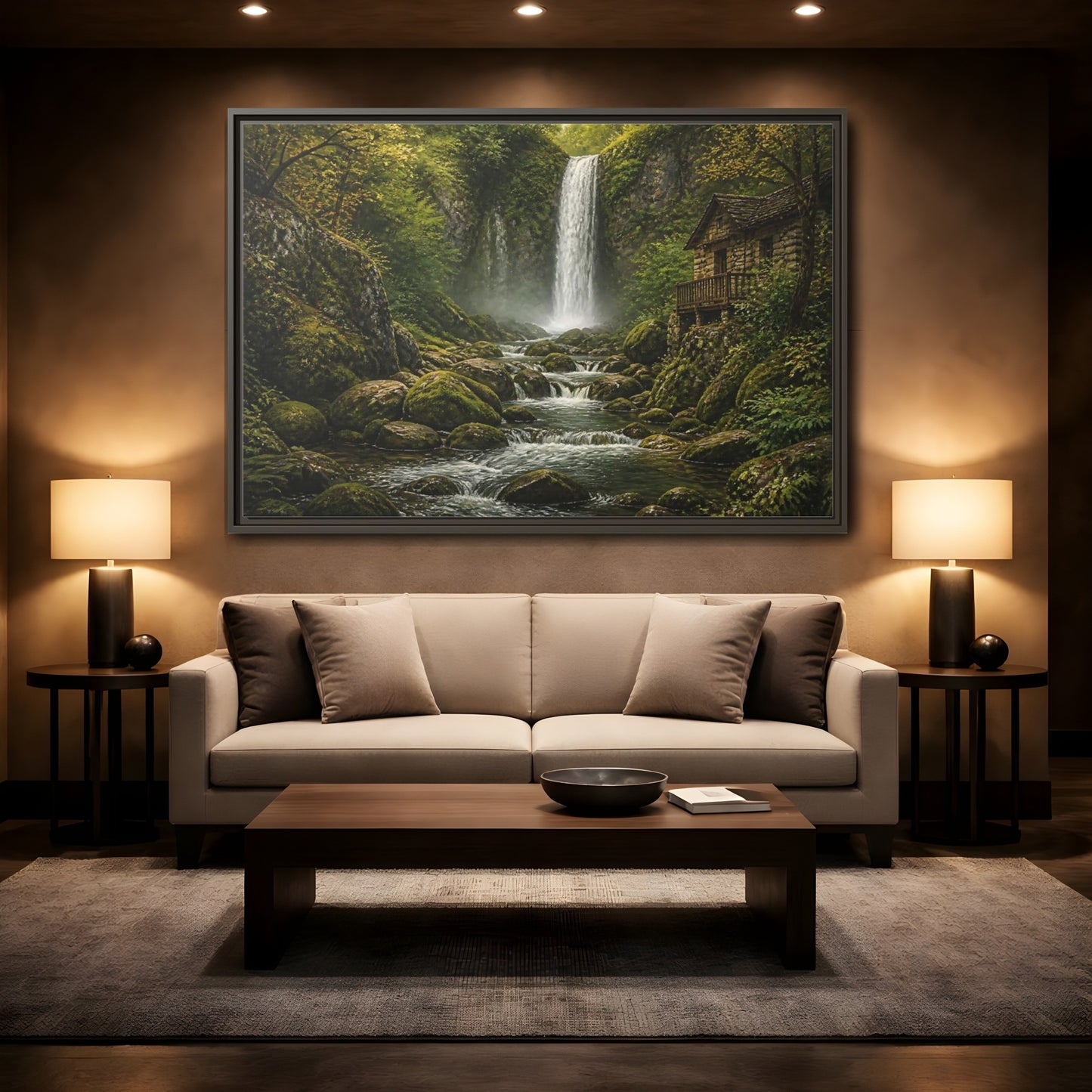 Mockup 2. Mossy Waterfall Cabin shown as framed canvas print