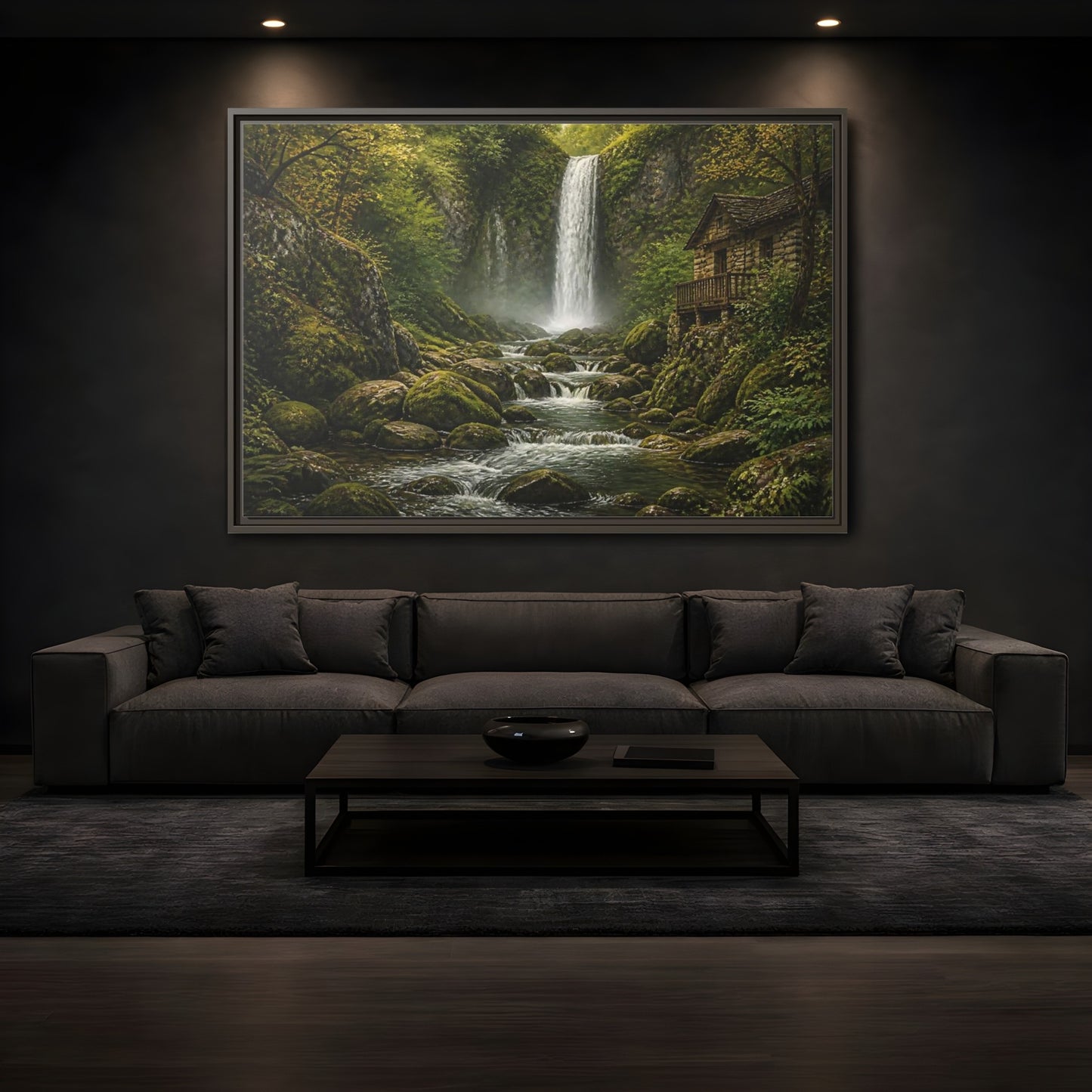Mockup 3. Mossy Waterfall Cabin shown as framed canvas print