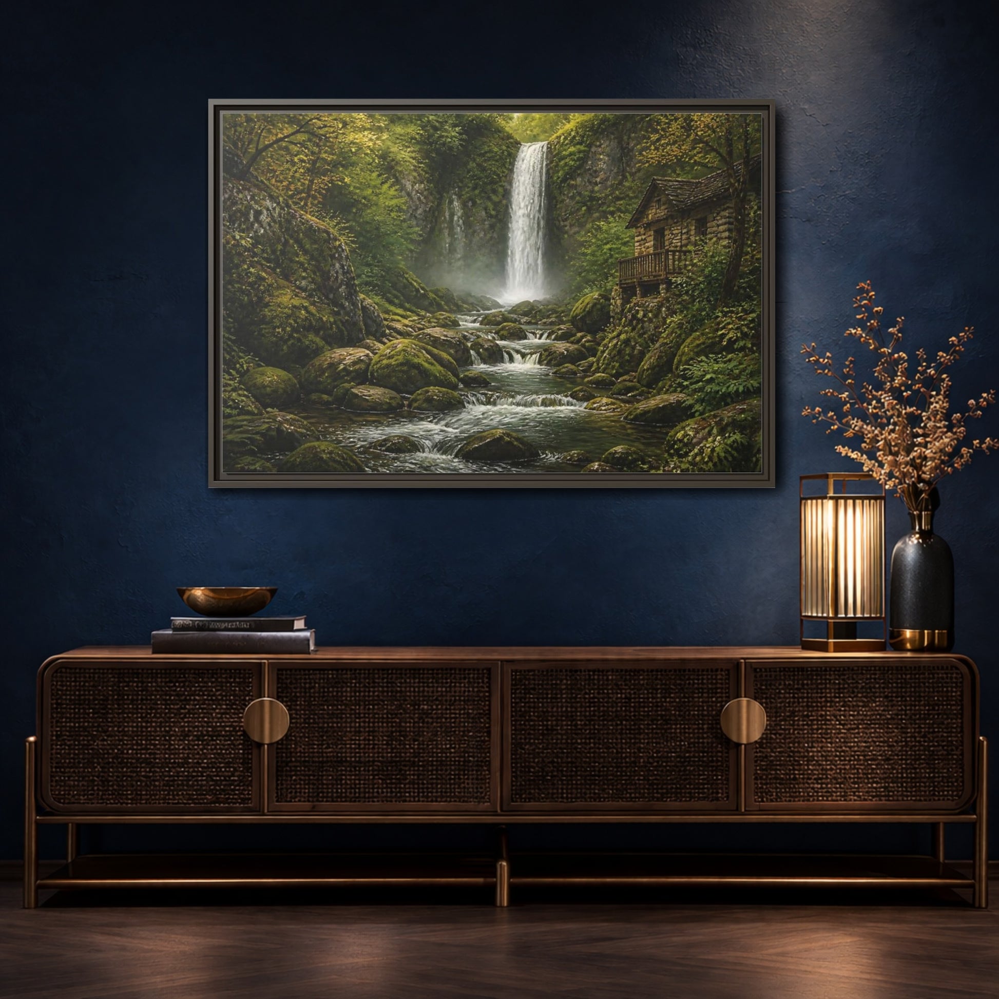Mockup 4. Mossy Waterfall Cabin shown as framed canvas print