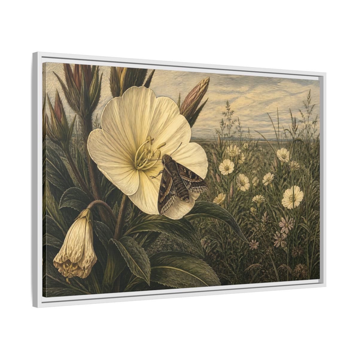 Side Mockup 9. Moth On Evening Primrose shown as framed canvas print