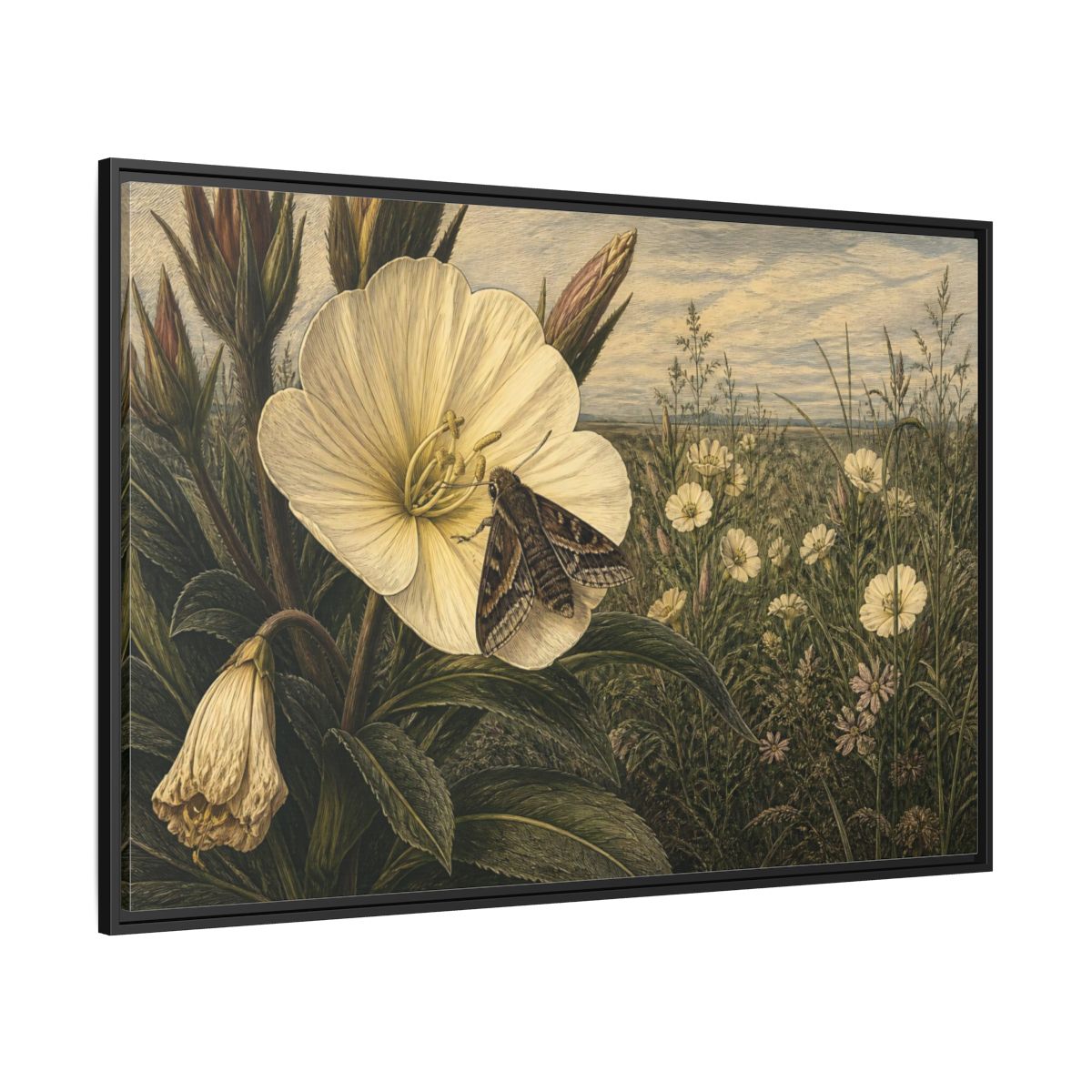 Side Mockup 12. Moth On Evening Primrose shown as framed canvas print
