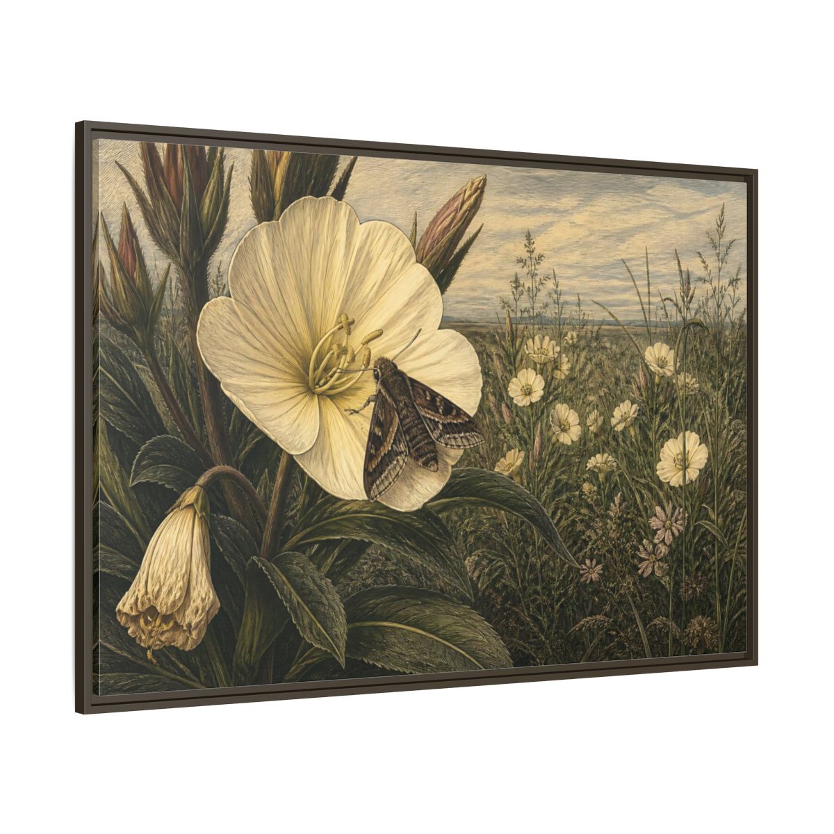 Side Mockup 8. Moth On Evening Primrose shown as framed canvas print