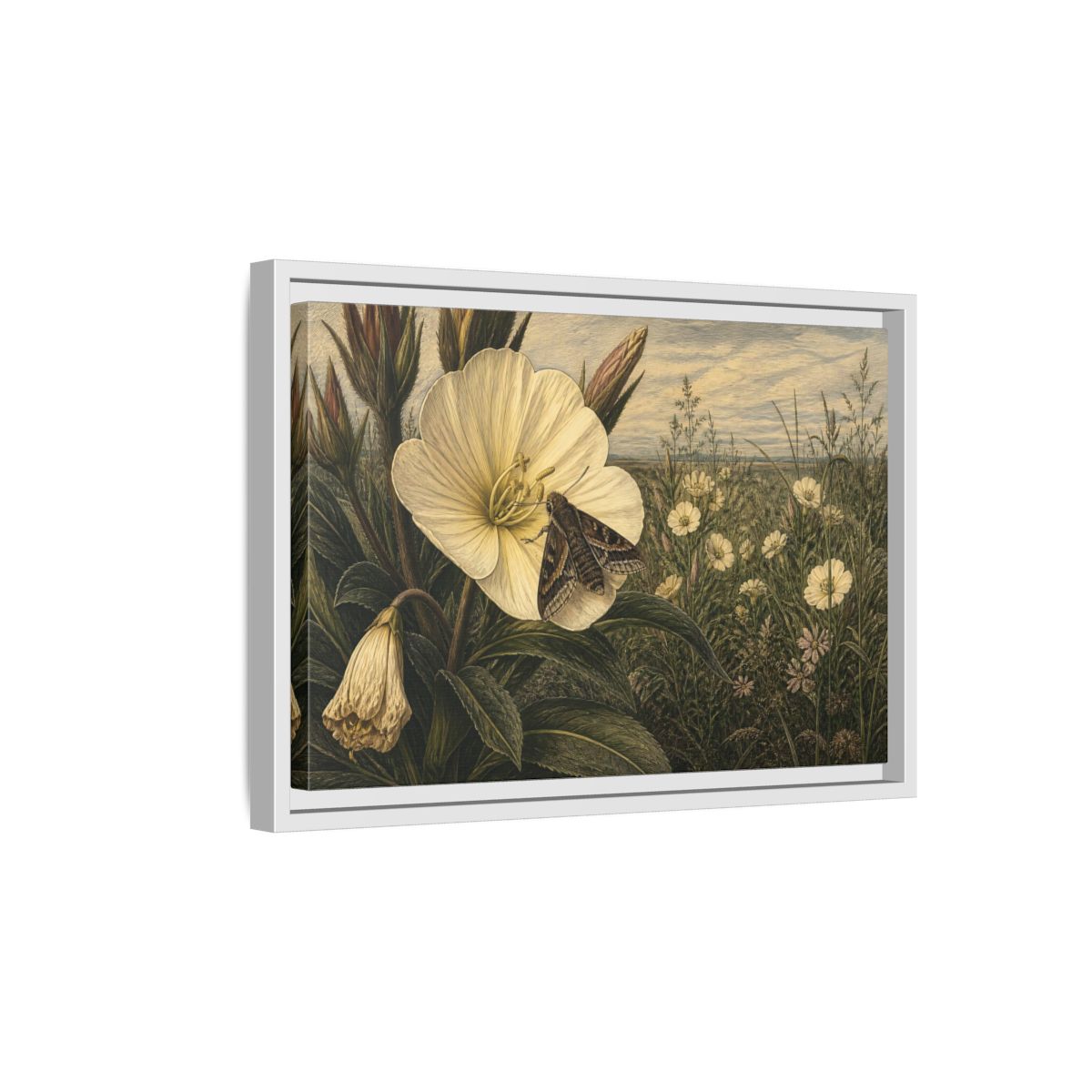 Side Mockup 4. Moth On Evening Primrose shown as framed canvas print