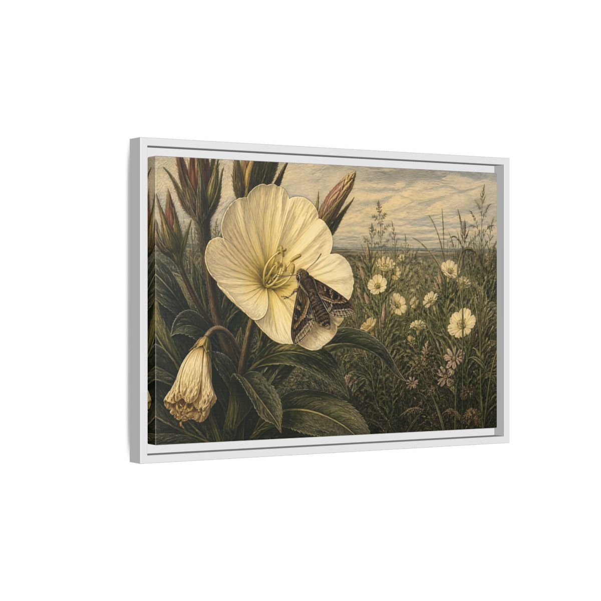 Side Mockup 1. Moth On Evening Primrose shown as framed canvas print