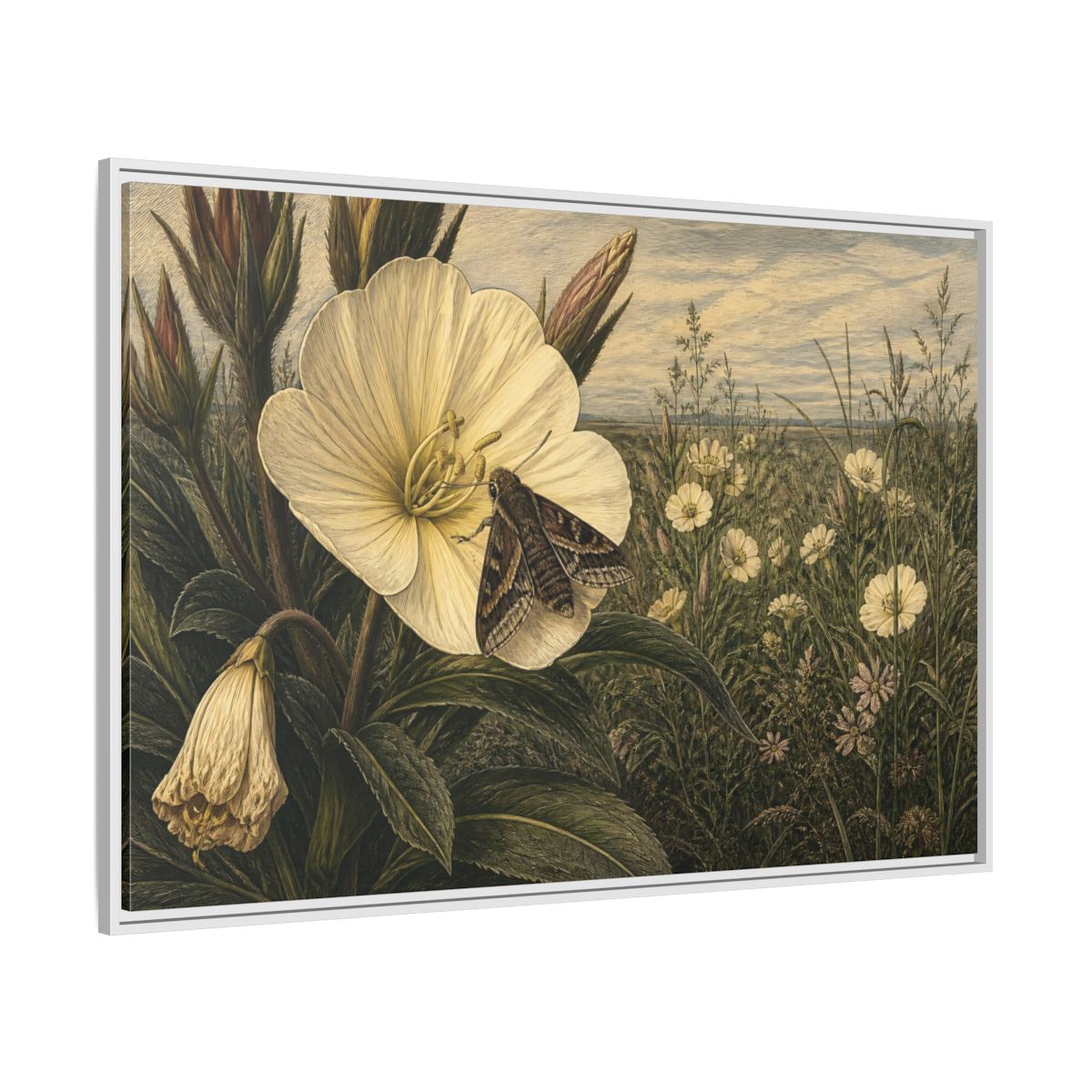 Side Mockup 7. Moth On Evening Primrose shown as framed canvas print