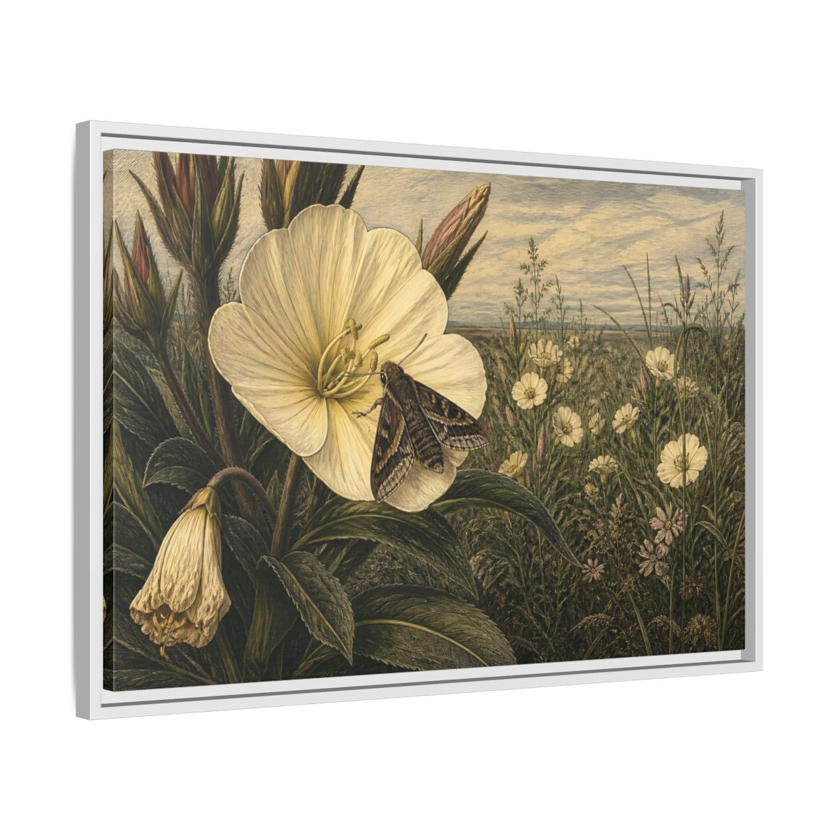 Side Mockup 10. Moth On Evening Primrose shown as framed canvas print