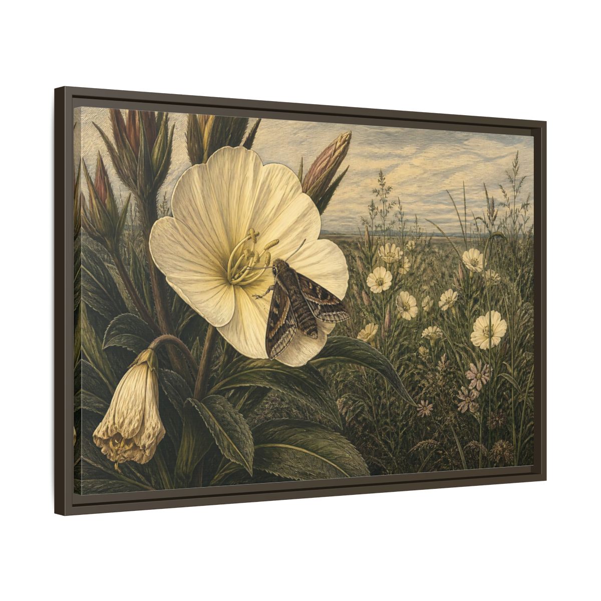Side Mockup 11. Moth On Evening Primrose shown as framed canvas print