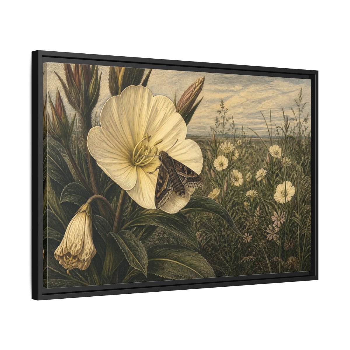 Side Mockup 14. Moth On Evening Primrose shown as framed canvas print