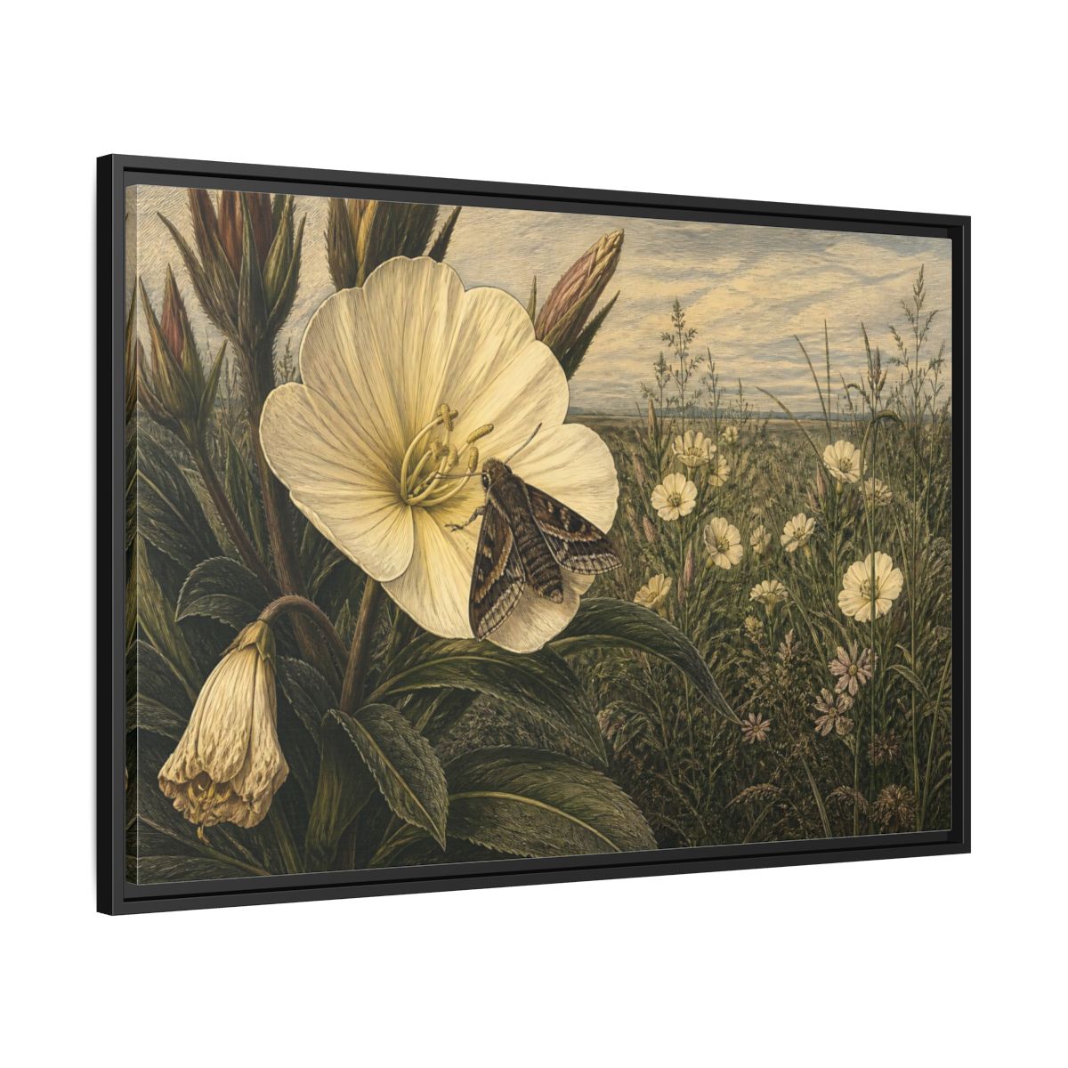 Side Mockup 13. Moth On Evening Primrose shown as framed canvas print