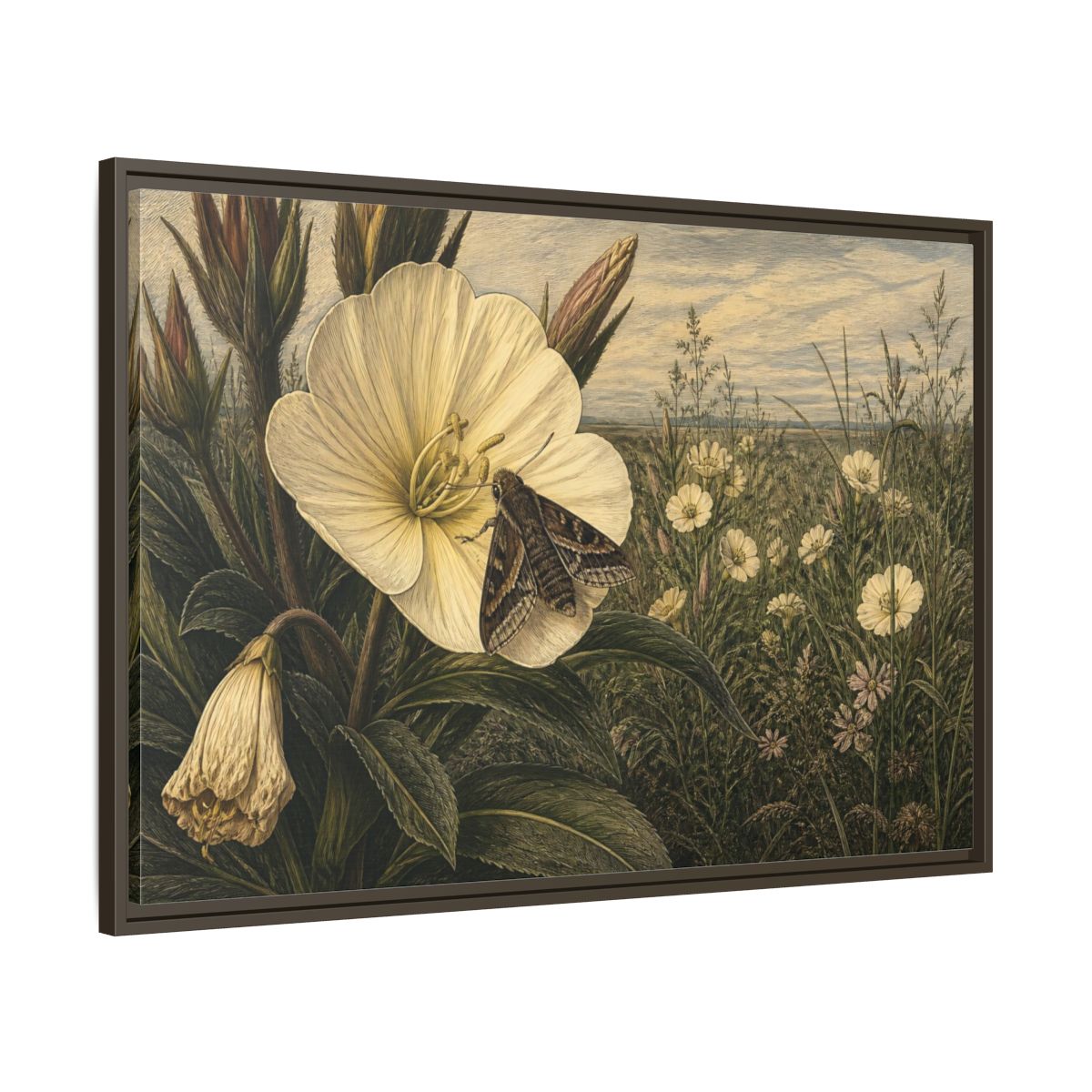Main Mockup. Moth On Evening Primrose shown as framed canvas print