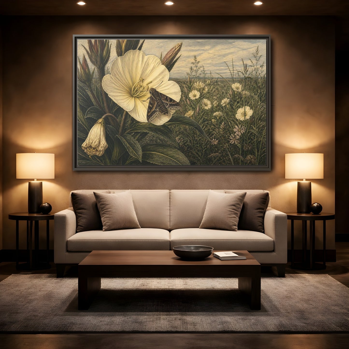 Mockup 2. Moth On Evening Primrose shown as framed canvas print