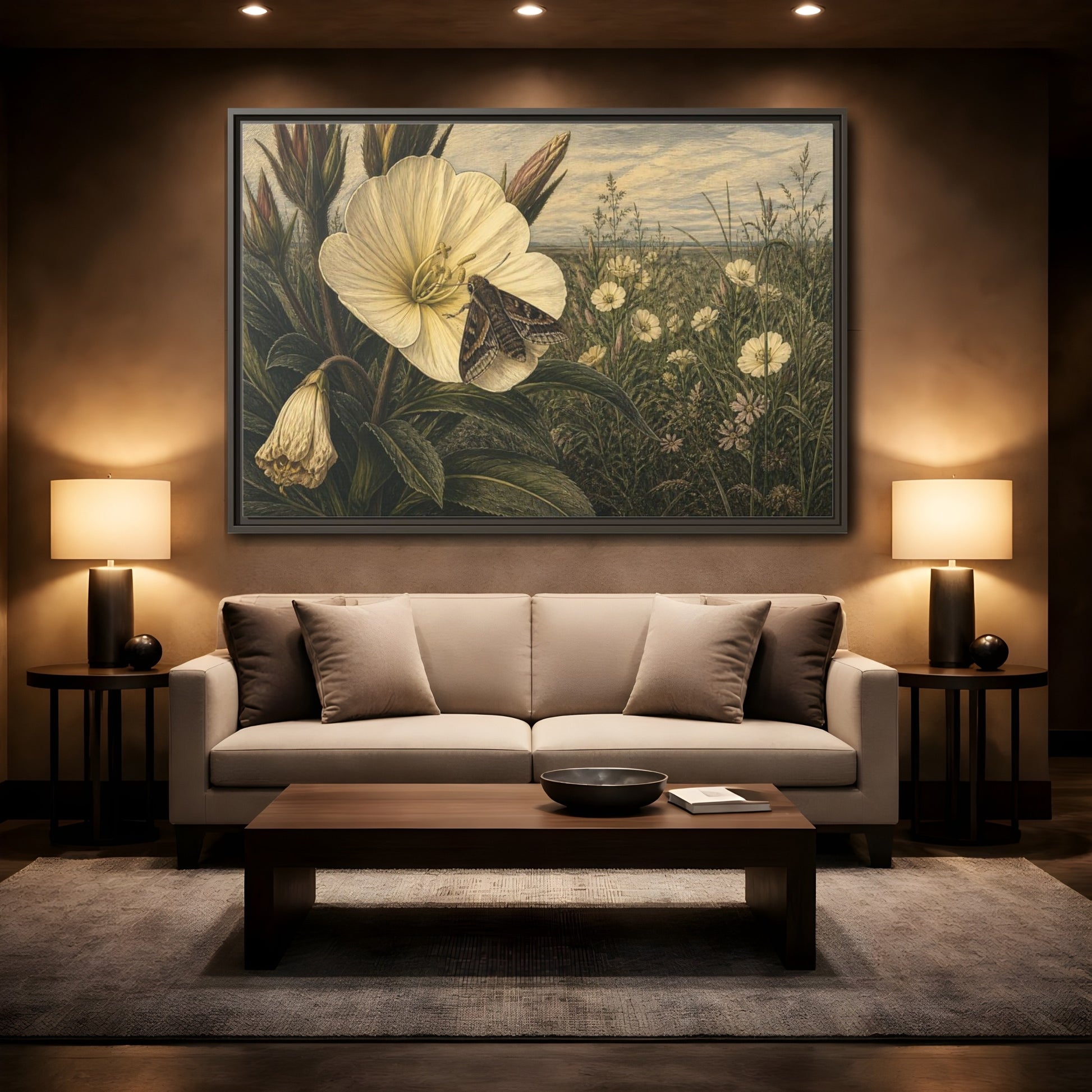 Mockup 2. Moth On Evening Primrose shown as framed canvas print