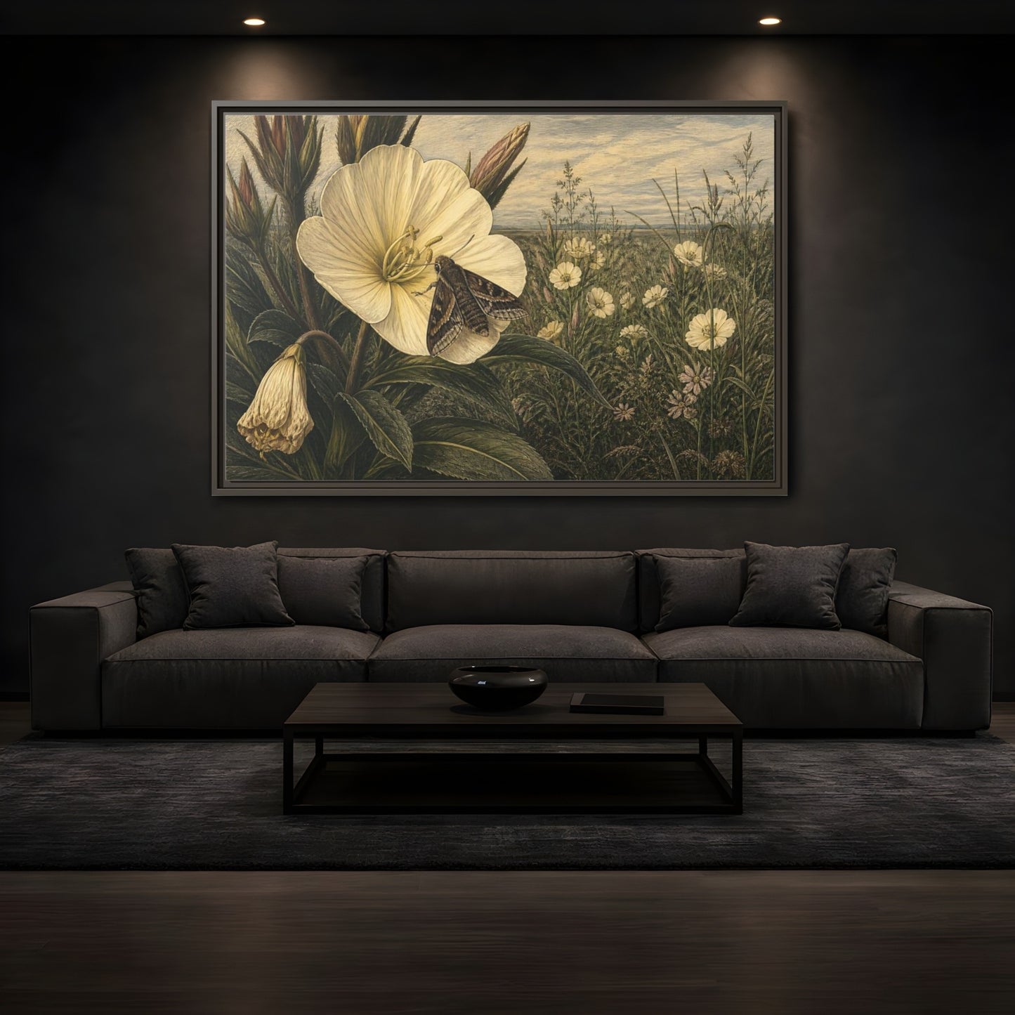 Mockup 3. Moth On Evening Primrose shown as framed canvas print