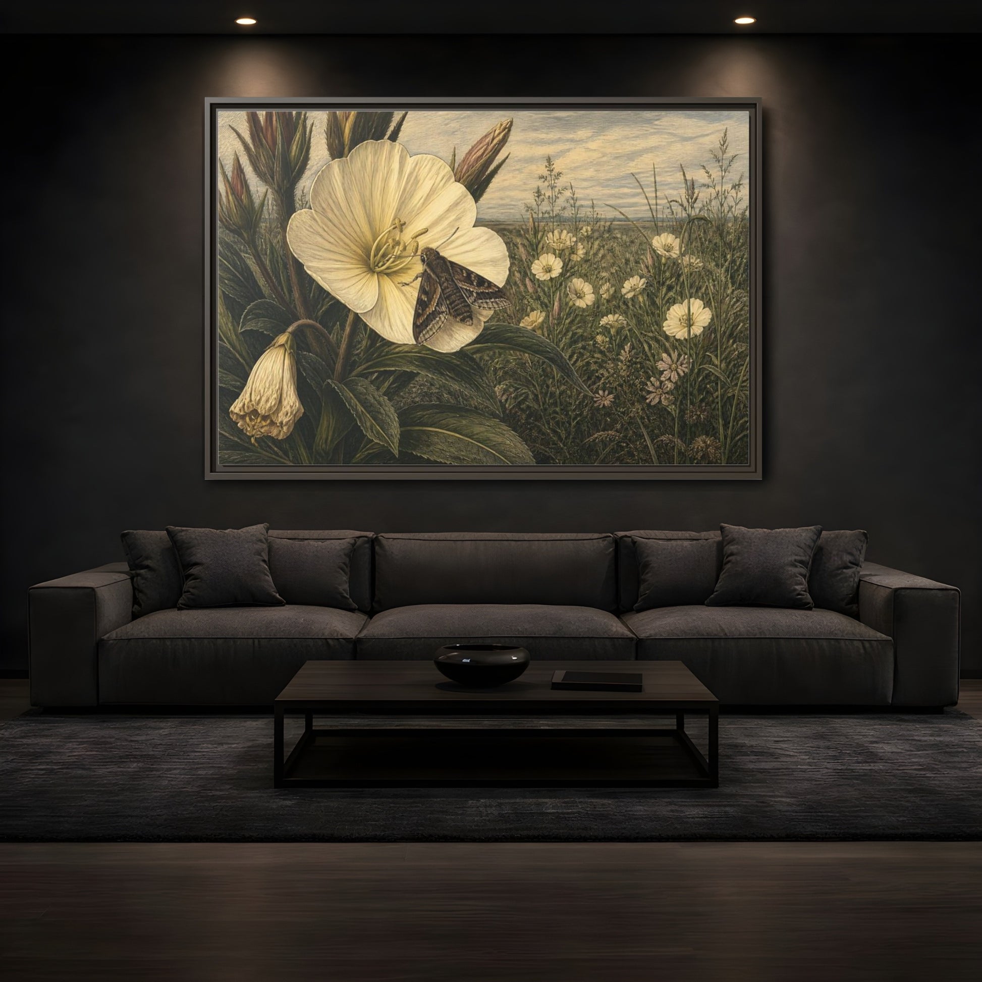 Mockup 3. Moth On Evening Primrose shown as framed canvas print