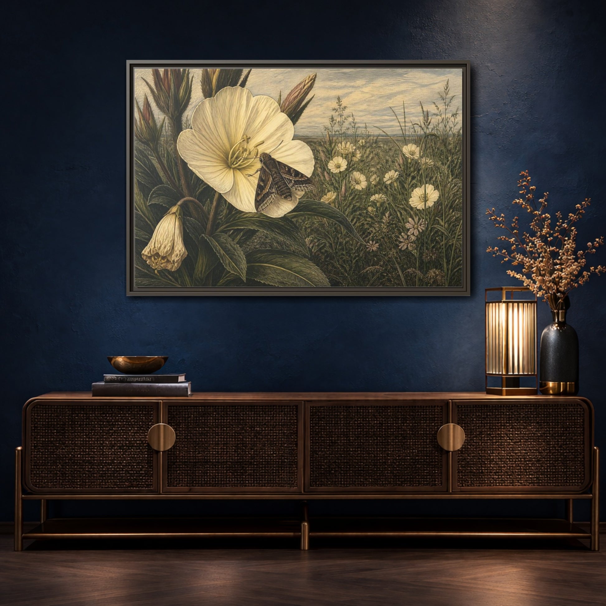 Mockup 4. Moth On Evening Primrose shown as framed canvas print