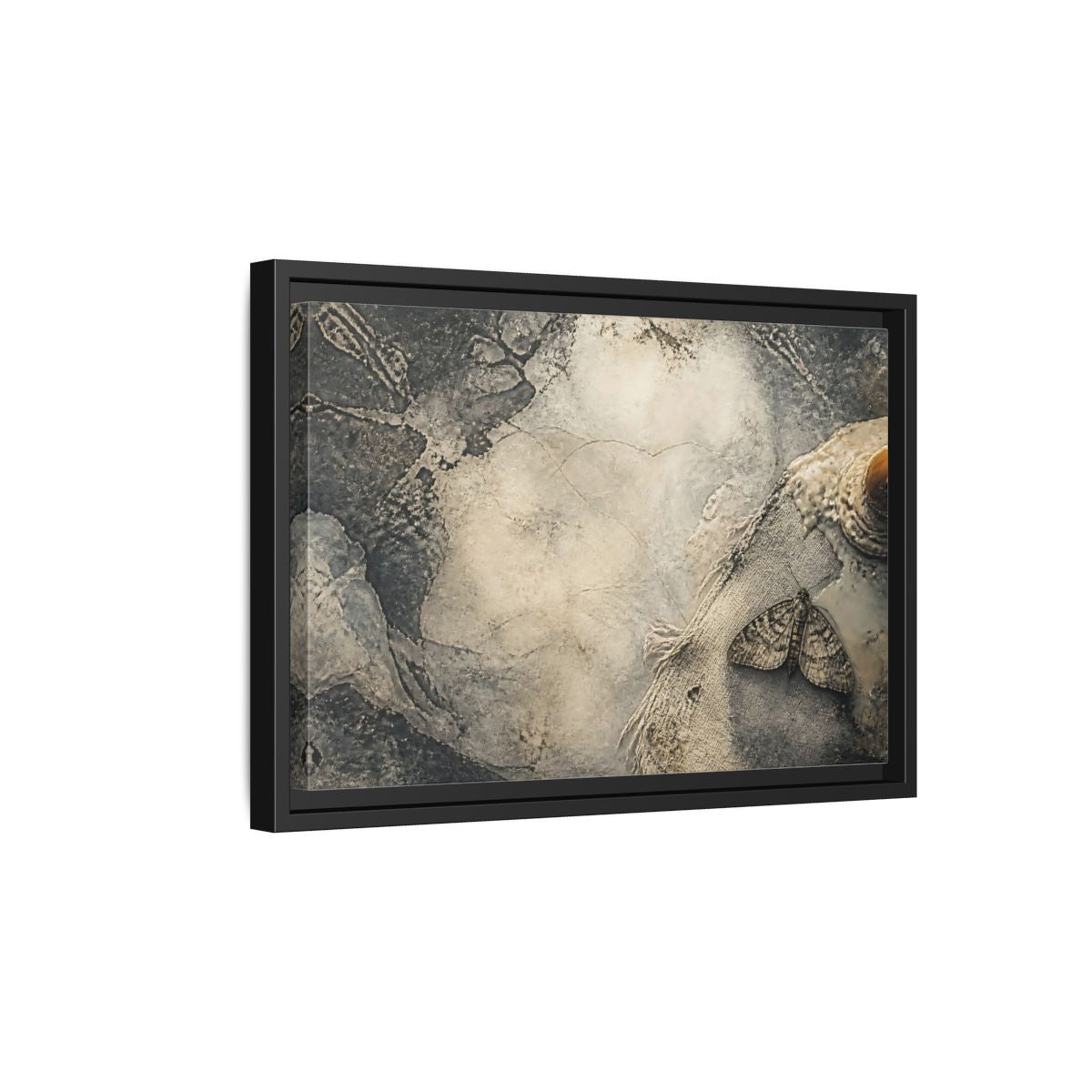 Side Mockup 6. Moth On Frayed Linen shown as framed canvas print