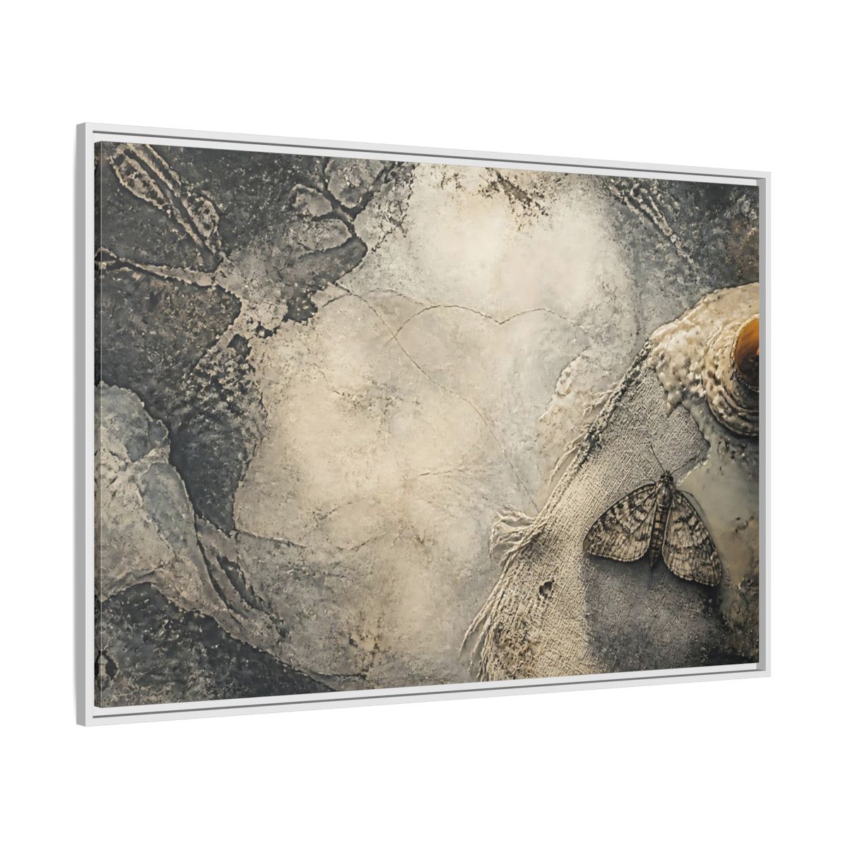 Side Mockup 7. Moth On Frayed Linen shown as framed canvas print