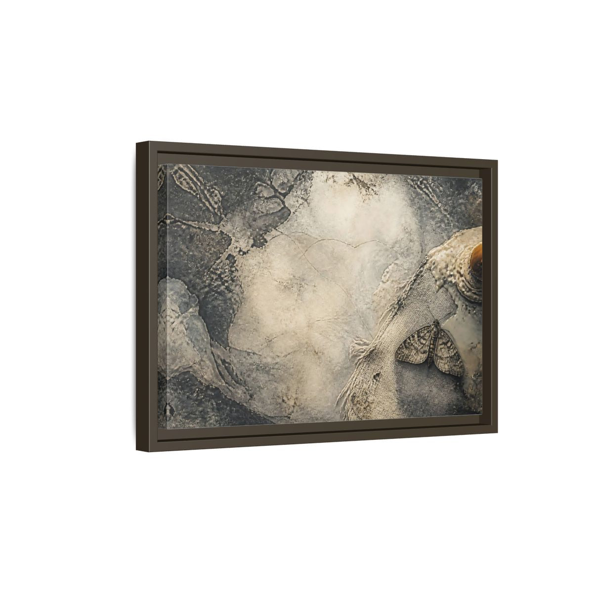 Side Mockup 5. Moth On Frayed Linen shown as framed canvas print