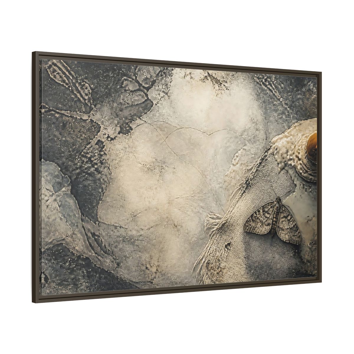 Side Mockup 8. Moth On Frayed Linen shown as framed canvas print