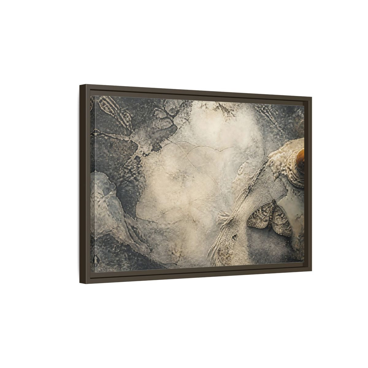 Side Mockup 2. Moth On Frayed Linen shown as framed canvas print