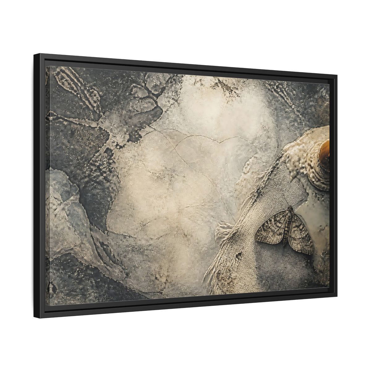 Side Mockup 14. Moth On Frayed Linen shown as framed canvas print