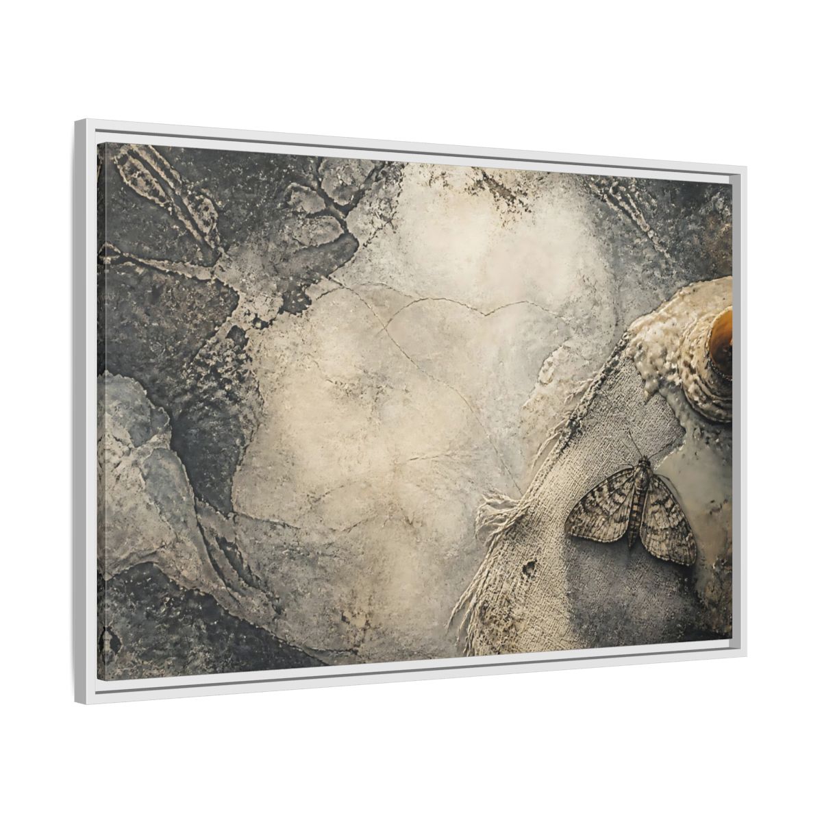 Side Mockup 9. Moth On Frayed Linen shown as framed canvas print
