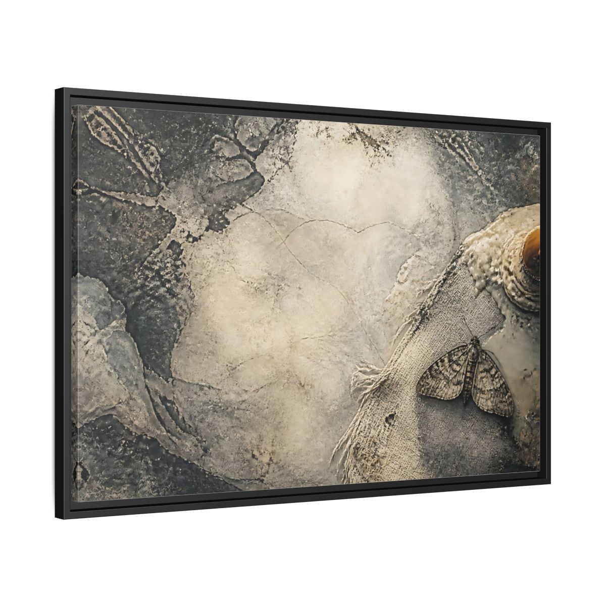 Side Mockup 13. Moth On Frayed Linen shown as framed canvas print