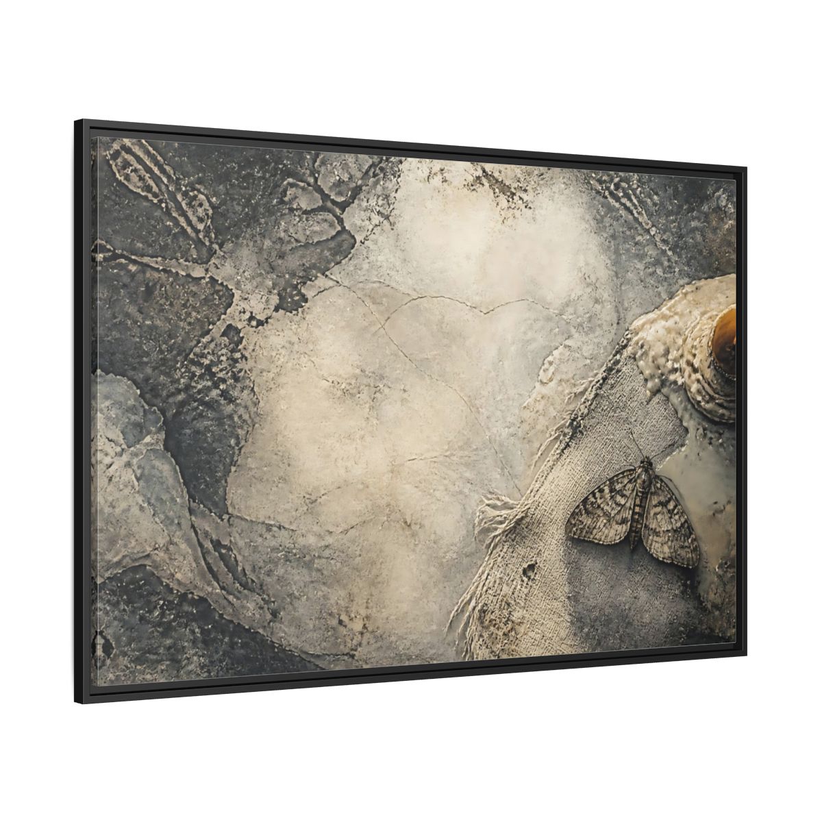 Side Mockup 12. Moth On Frayed Linen shown as framed canvas print