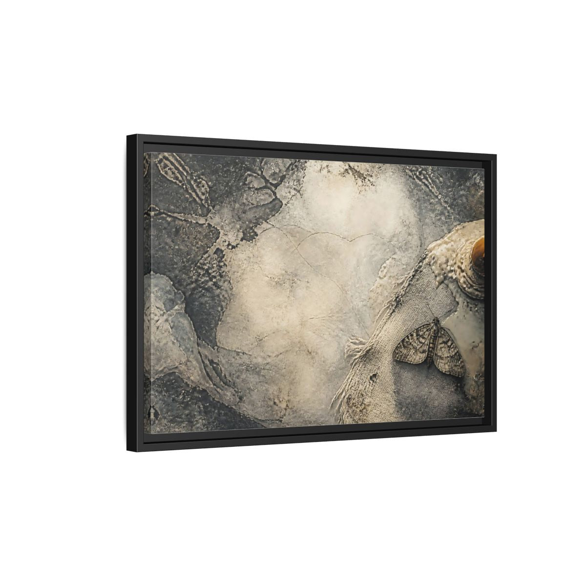 Side Mockup 3. Moth On Frayed Linen shown as framed canvas print